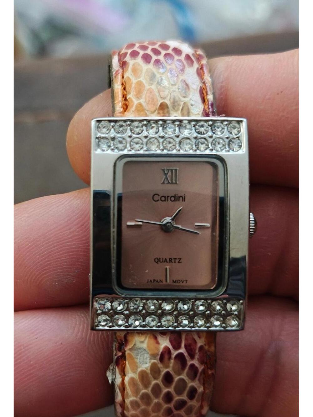 1980s Vintage Cardini Square Bezel With Rhinestones Pink Dial Ladies Cuff Watch